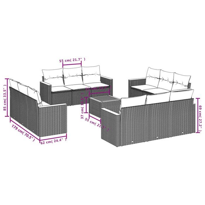 VidaXL Salon de Jardin avec Coussins 13 pcs, Canapés de Terrasse, Ensemble de Meubles de Patio, Mobilier d'Extérieur, Noir 3225838