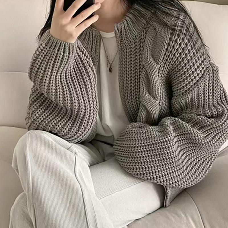 Women Zipper Rib Loose Cardigan Coat Lantern Sleeve Knit Warm Sweater Coat Solid Casual Office Jacket Women Fall Winter
