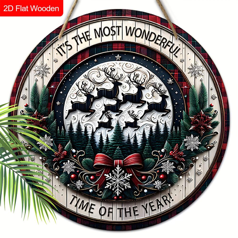 Christmas Wooden Sign with Forest & Elk Pattern - Navidad Wooden Sign for Christmas Tree, Balcony, Window, Indoor Decor - Ideal Christmas Gift