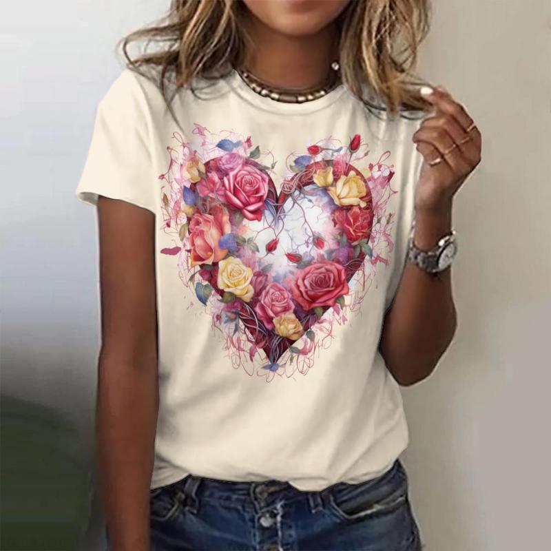 Módní 3D tričko s květinovým potiskem pro ženy Roztomilá dívka Topy s krátkým rukávem Ležérní Výstřih do O Volný svetr Letní trendy Oblečení