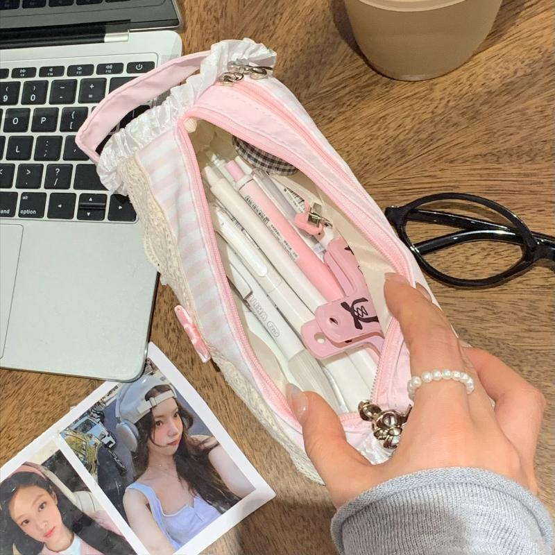Cute Lace Pencil Case Water Resistant Large Capacity Pen Pouch for Students School Office Desktop Stationery Storage
