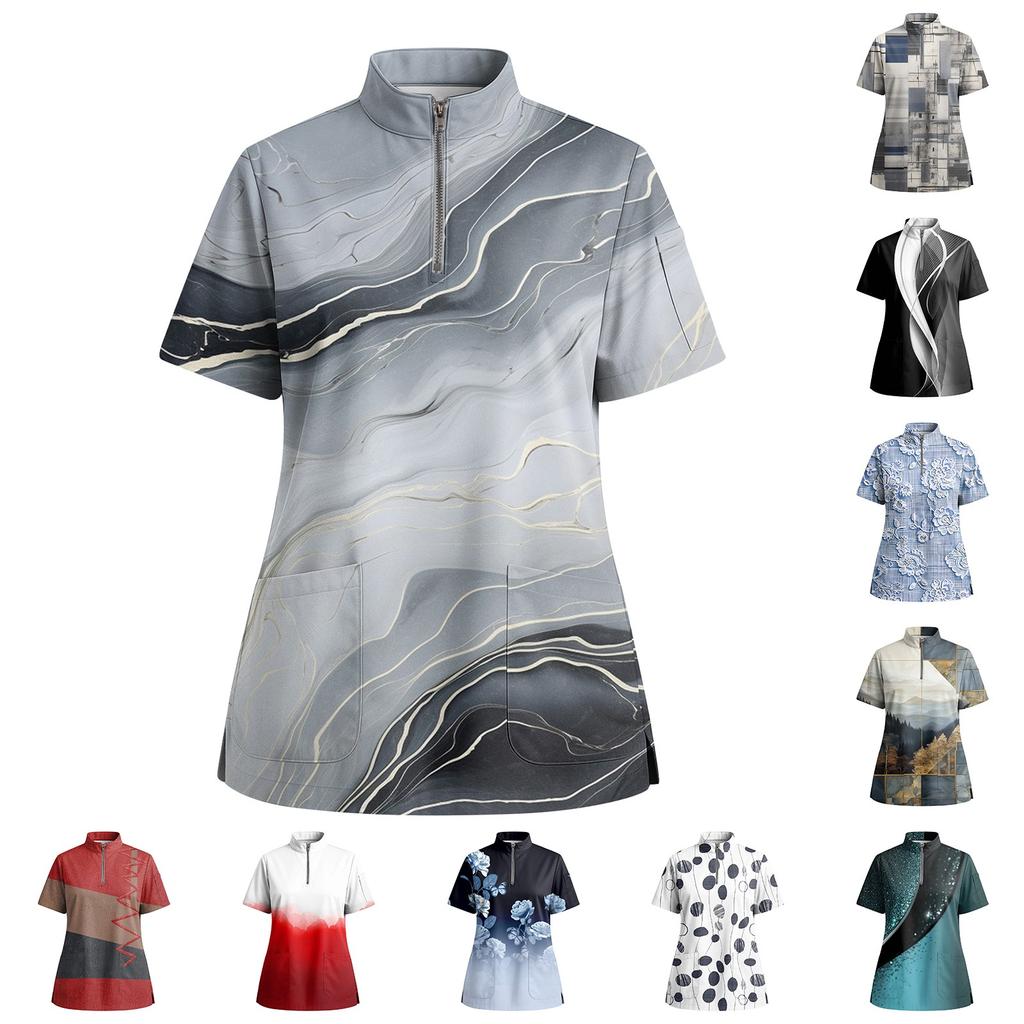 Women's Short Sleeved Printed V-neck Buttonable Side Slit Top T-shirt