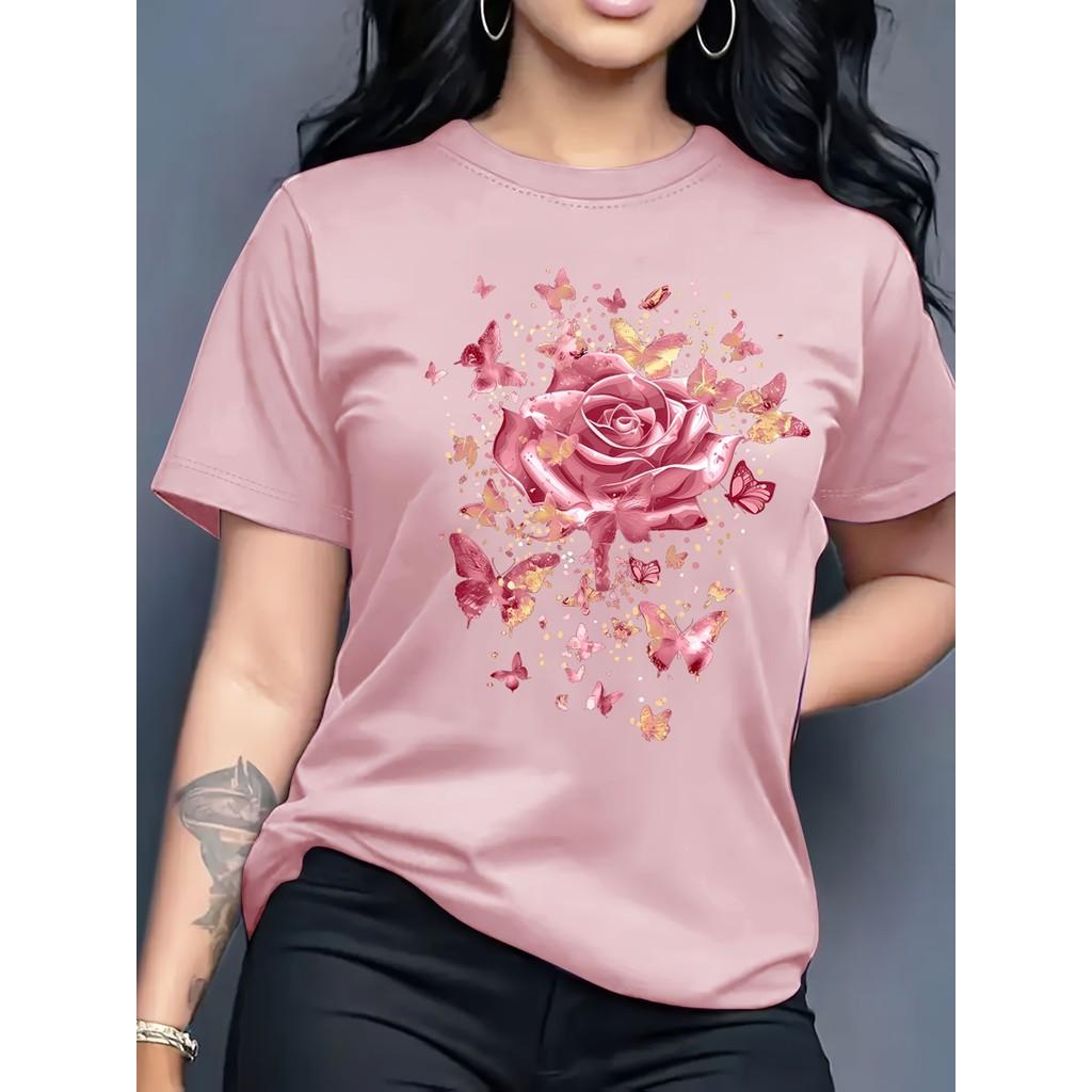 Ladies' casual short sleeved round neck T-shirt