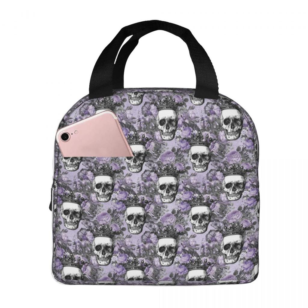 Gothic Violet Flower Skull Insulated Lunch Bag for Women Office Cooler Thermal Food Box Tote Portable Lunch Boxes Container