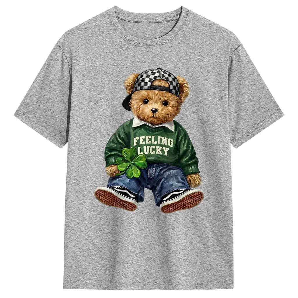 Men's T-Shirts Cute Funny Teddy Bear Feeling Lucky Drinking St Patricks Day Creative Pure Cotton Tees Short Sleeve Tops