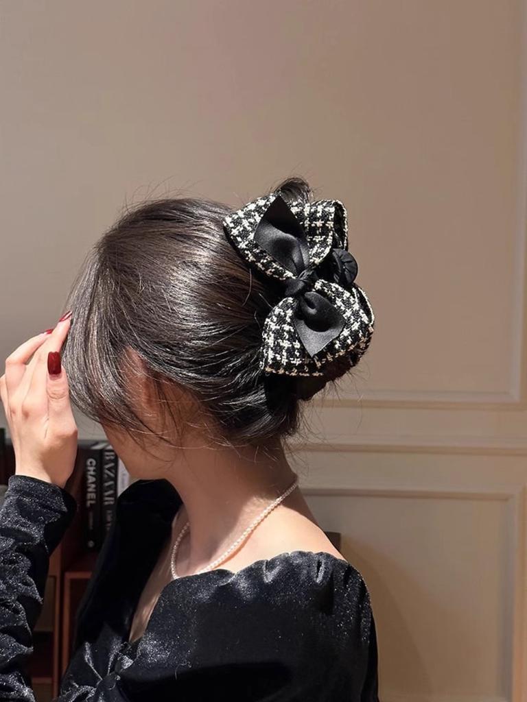 1pc Xiaoxiangfeng Qianniao Grid Large Grab Clip Bow Shaped Hair Clip High-end Feeling Light Luxury Style Back Of The Head