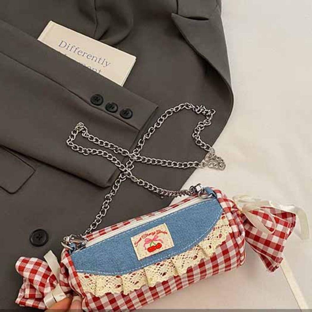 Cherry Red Plaid Crossbody Bag Canvas Denim Lace Shoulder Bag Literary Candy Shape Bag  Summer