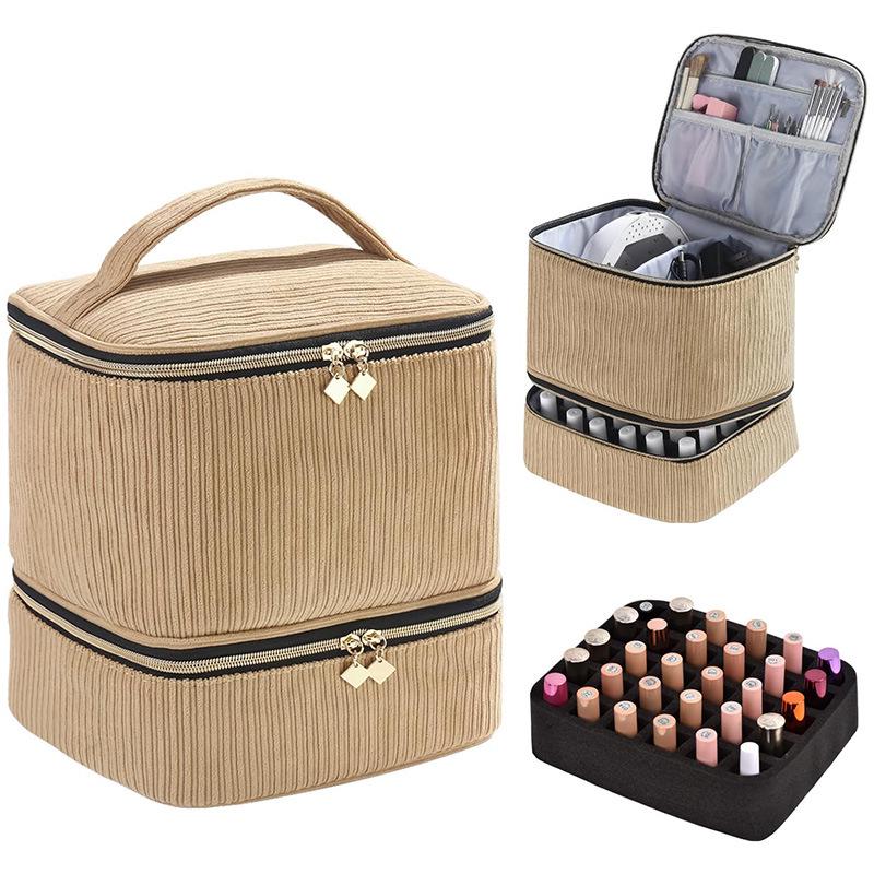 Double-Layer Corduroy 30-Grid Nail Polish Bag, Large Capacity, Fashionable Multi-functional Makeup & Nail Art Handbag, Portable Storage
