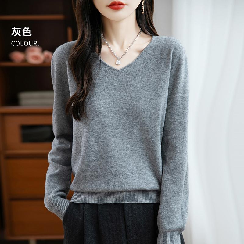 Women s V-neck Sweater Long Sleeve Solid Color Pullover Knit Sweater L серый