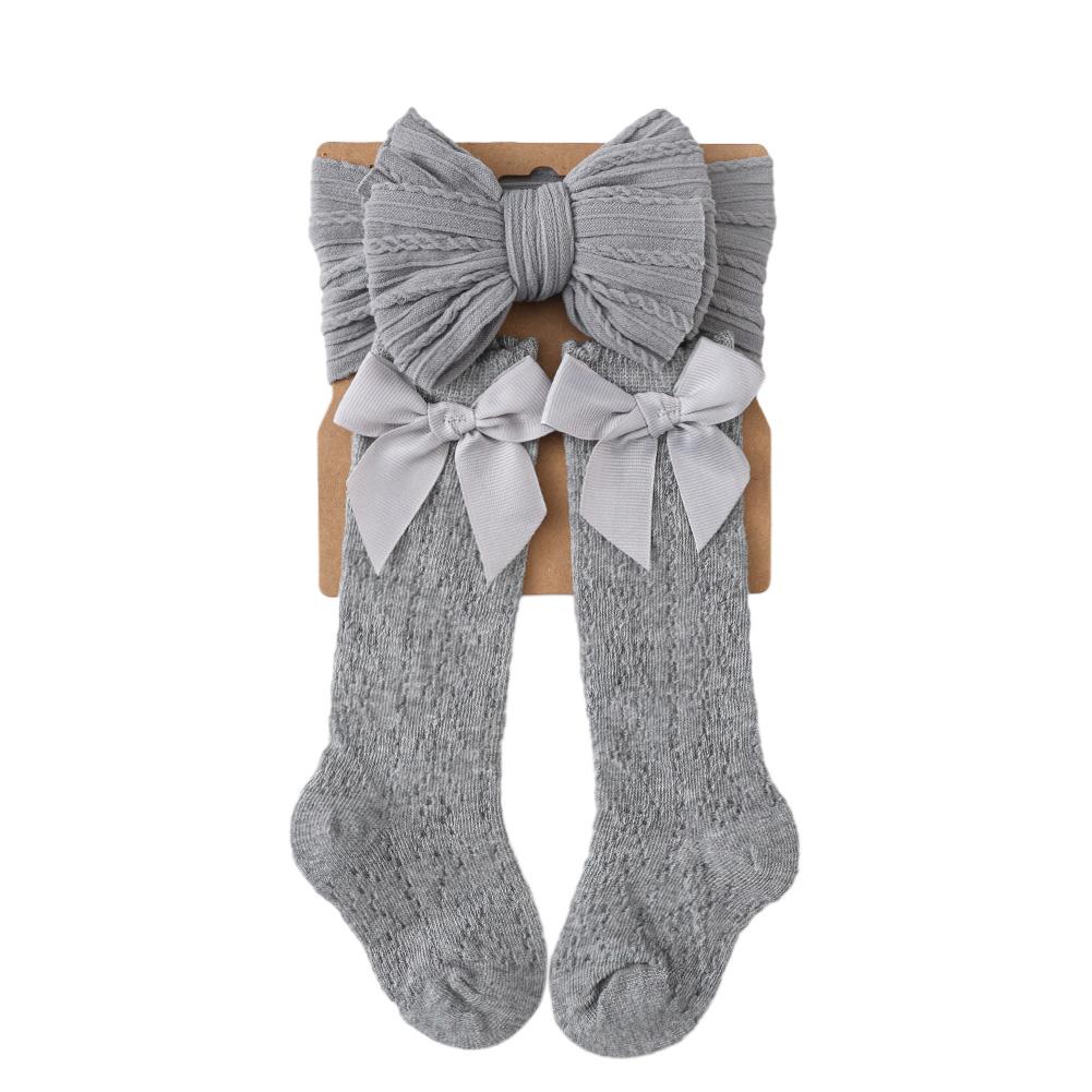 2Pcs Baby Girl Fall Outfit Vintage Cable Knit Stockings With Bow Headband Solid Spanish Socks Hair Accessories For 0-12 Months