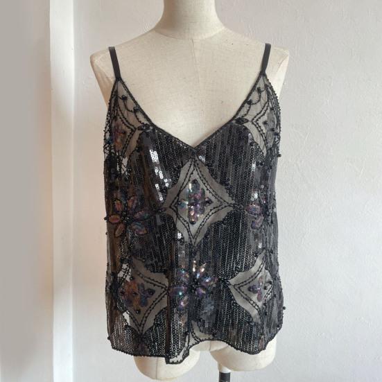 Dame Sommer Vest V-hals Ermeløs Mesh Glitter Ryggløs Paljett Blonder Topper Løs Passform Perlebesatt Stroppskjorte