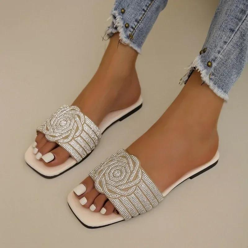 Fashion Lady Slippers Summer New Fashion Open Toed  Roman Shoes for Women Rhinestones Sexy Flat Flip Flops Slides Zapatos Mujer