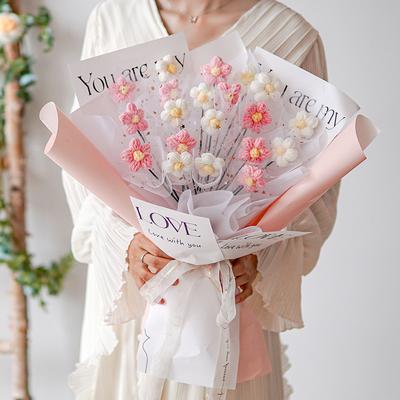 Crochet Flower Hand-Knitted Fake Flowers DIY Knitting Bouquet Knit Flower Handmade Puff Floral Valentine's Day Gift Home Decor