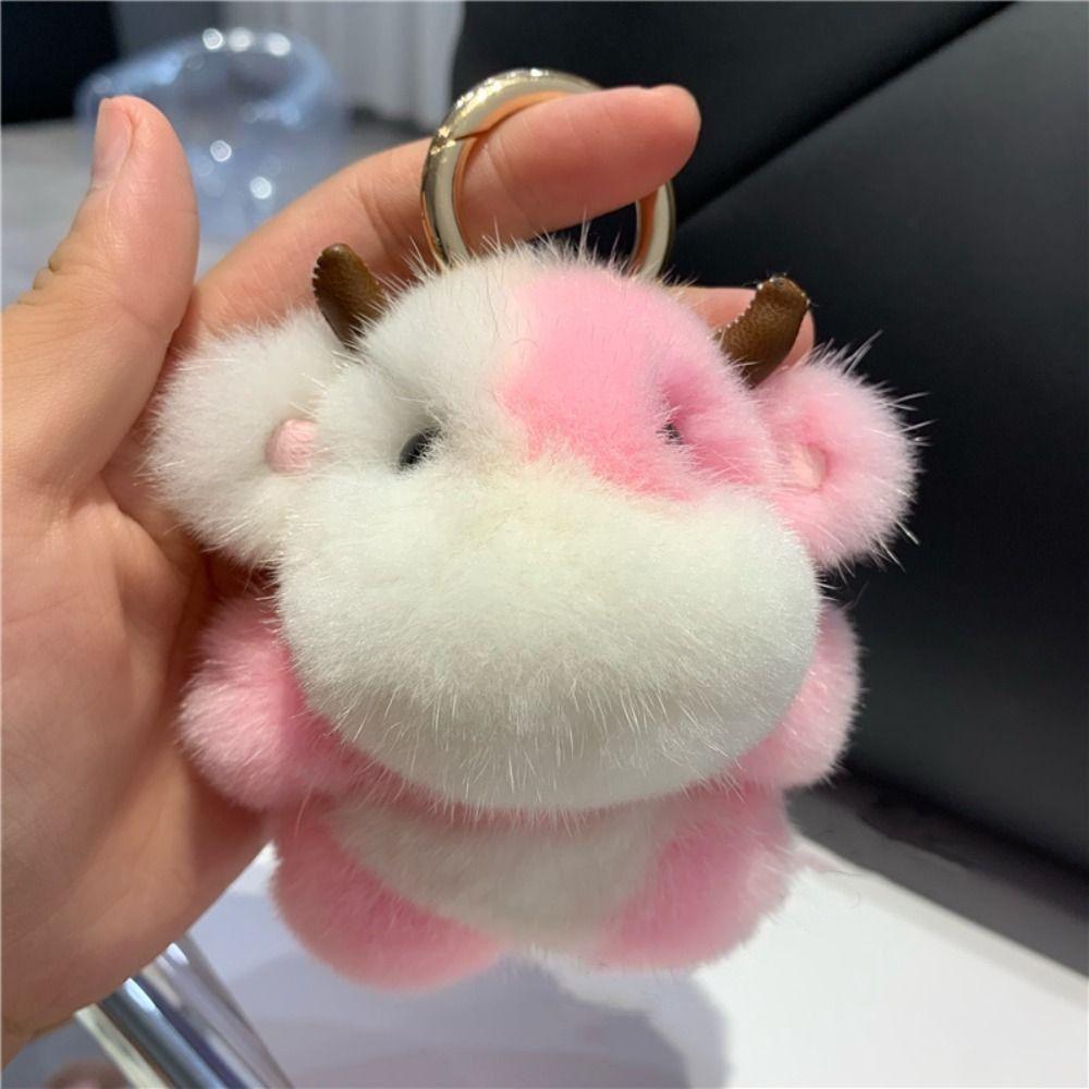 Long Mane Calf Plush Pendant with Horn Cute Animal Keychain Plush Cow Keychain Children