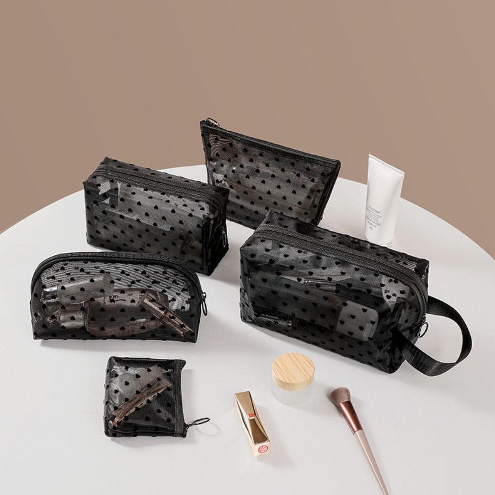 Large Capacity Love Heart Mesh Makeup Bag Zipper Transparent Cosmetic Bag Portable   Girls