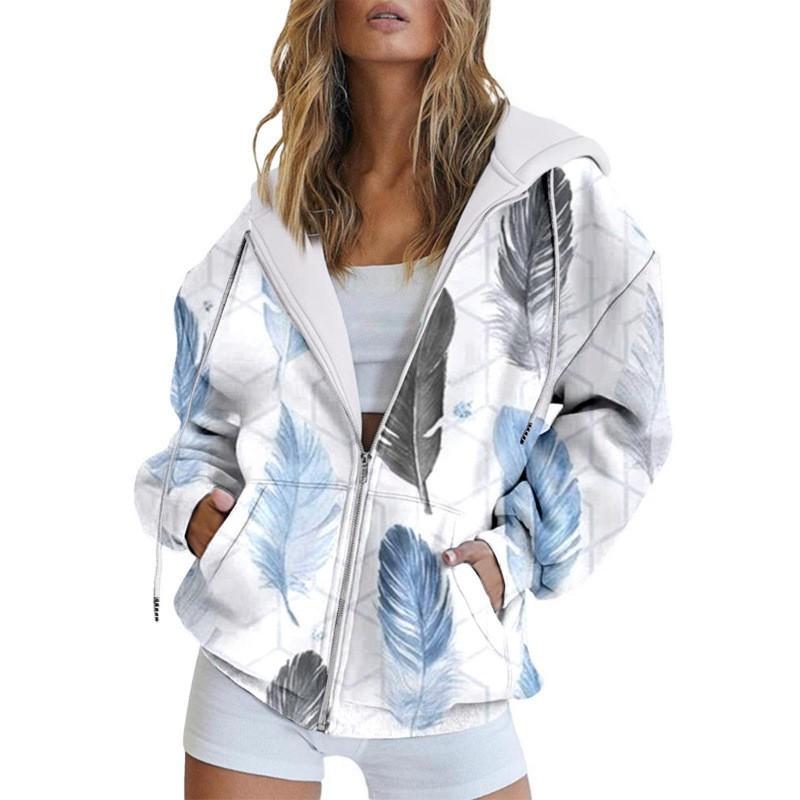 Womens Oversized Hooded Zip-Up Sweatshirt With 3D Digital Print Casual Loose Fit Winter