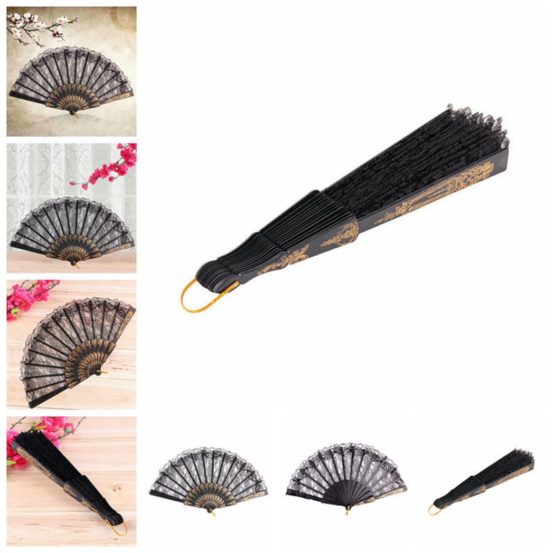 Black Spanish Style Dance Party Wedding Lace Silk Folding Hand Held Flower Fan
