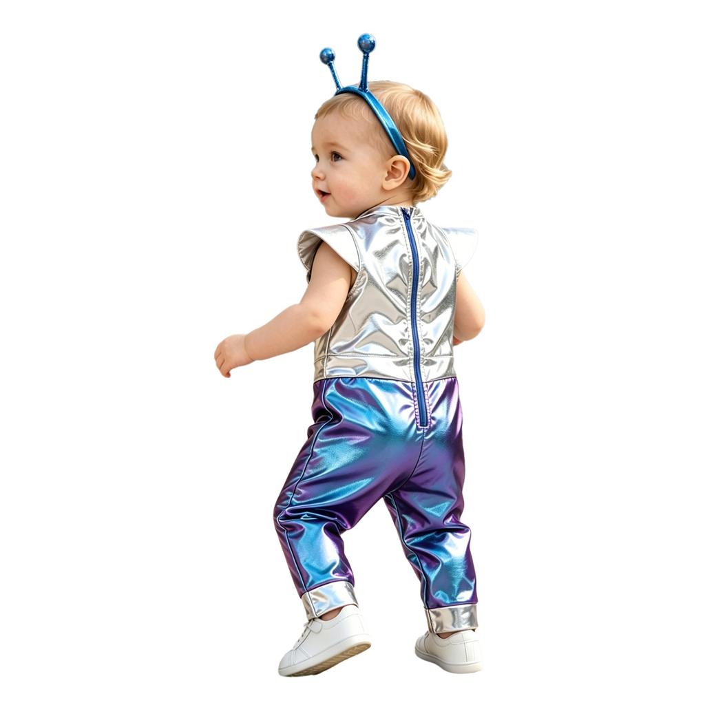 Baby Girls Color Block Alien Jumpsuit Cap Sleeve Zipper Back Metallic Romper Photography Cosplay Halloween