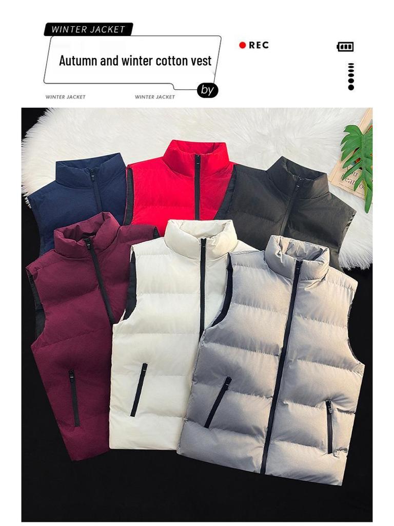 Men's Winter Stand Collar Thick Cotton Vest: Trendy, Windproof, Pure Color, Warm Shawl Jacket