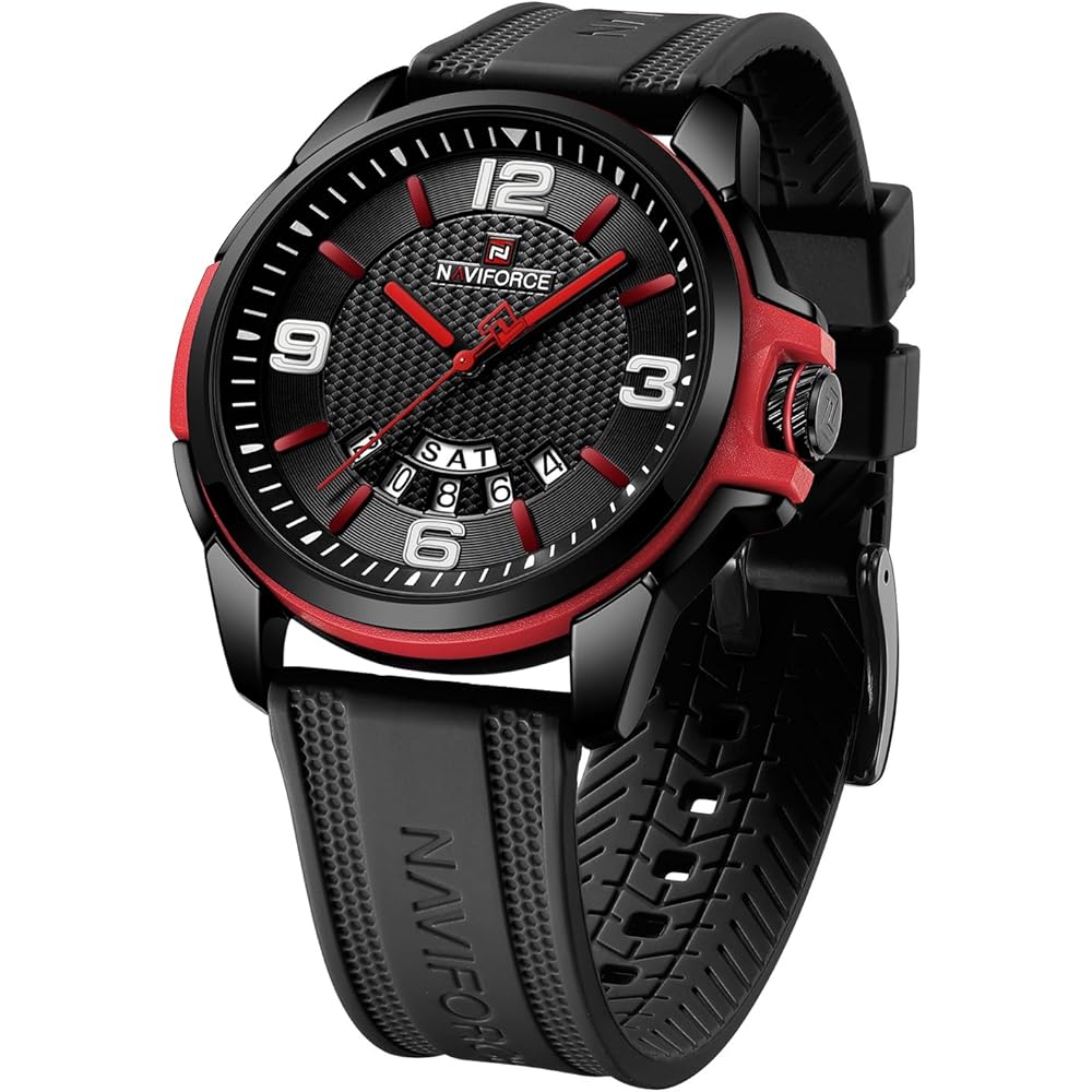 NAVIFORCE Waterproof Analog Military Sports Watch Unisex Silicone Strap Black Red