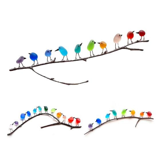 Sea Glass Rainbow Birds Decoration Standing on The Branch Cute Min Colorful Resin Bird Wall Art Ornament Living Room Bedroom Home Decor