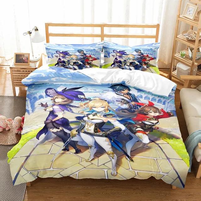 Genshin Impact Bedding Set For Kids Teens Boys Girls Game Duvet Cover With Pillowcase Microfiber Bedclothes Cartoon Bed Linen