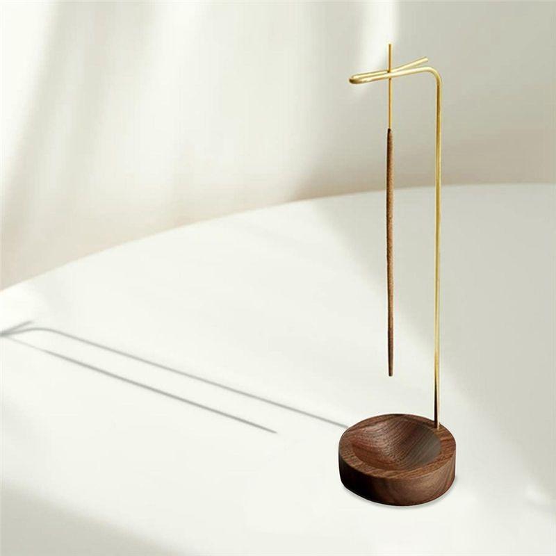 AEE4-Wooden Incense Holder Upside Down Incense Holder With Brass Stand Incense Tray Ash Catcher For Tea Room Decoration