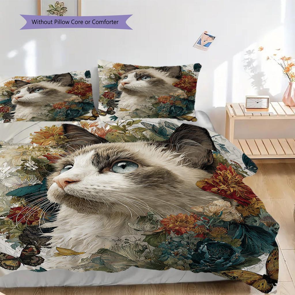 Maine Coon Pattern Bedding Quilt Set Quilt Cover Pillowcase Home Decoration Birthday Gift (1 * Duvet Cover + 2 * Pillowcase, Without Core)