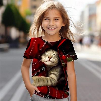 2025 Niedliches Katze Baby Mädchen T-Shirt Sommer Lässig Kurzarm Mädchen T-Shirt Cool 3D Gedruckt Lustige Kinderbekleidung