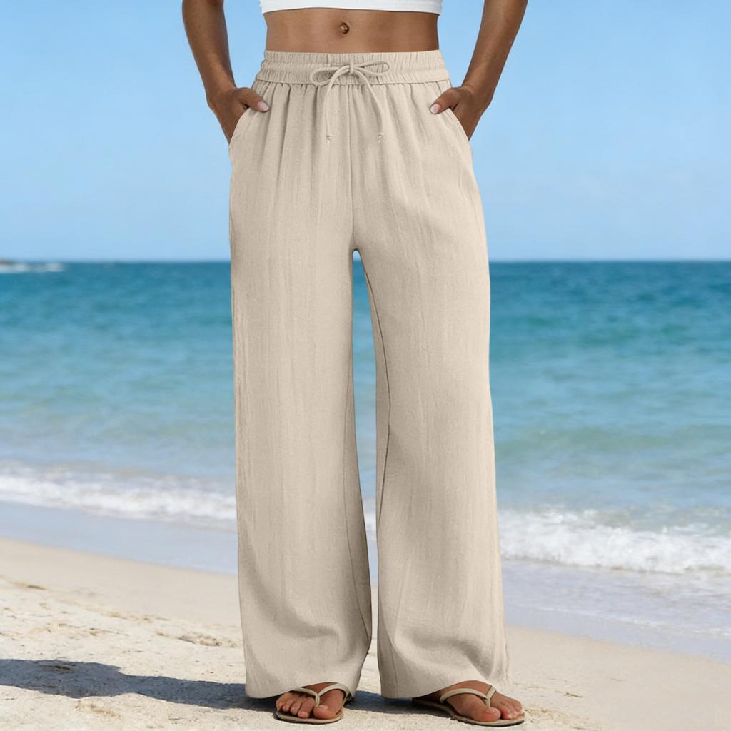 Wide Leg Pants For Women Flowy Drawstring Elastic Waist Trousers With Pockets Summer Beach Vacation Clothes