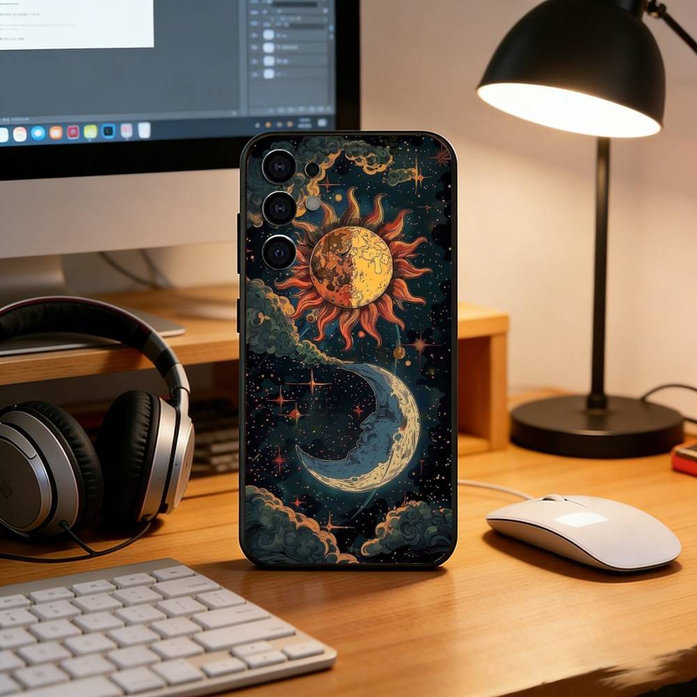 Divination Moon and Sun Patterns Phone Case For Samsung S25,S24,S21,S22,S23,S30,Ultra,S20,Plus,Fe,Soft Silicone Black Cover
