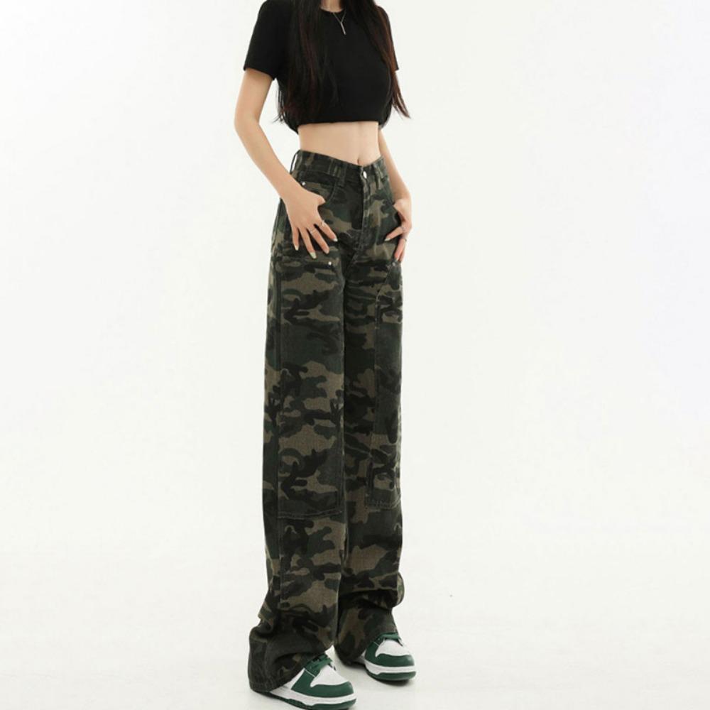 American high street camouflage wide-leg jeans women's ins trendy versatile babes high-waisted slim straight floor pants