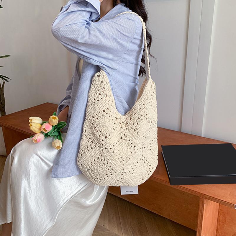 Women Woven Bag Chic Hobo Bag Large Capacity Weaving Shoulder Purse Stylish Hollow Out Handbag Vacation Bag