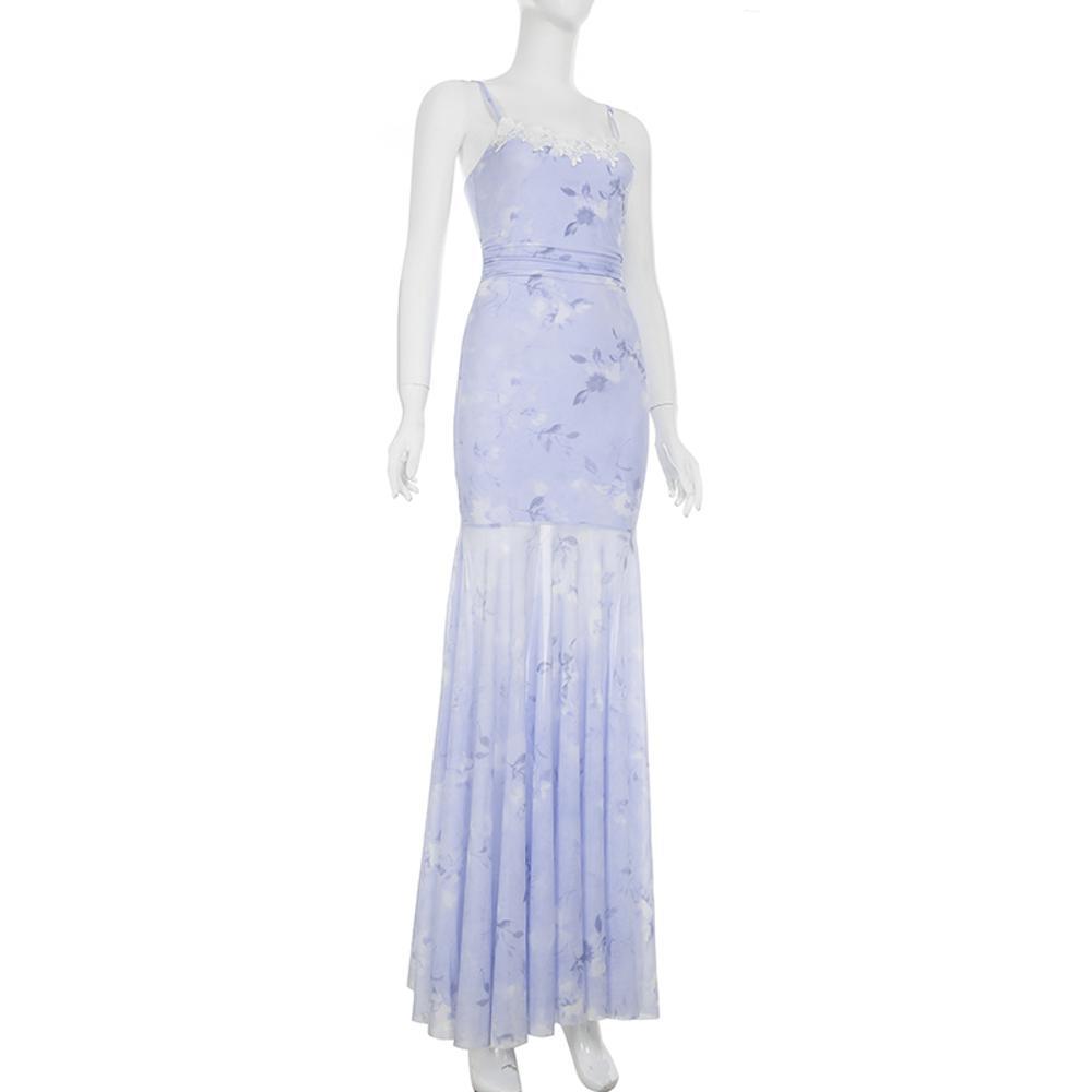 Blue lace mesh suspender dress women's summer seaside vacation beautiful fishtail hip dress