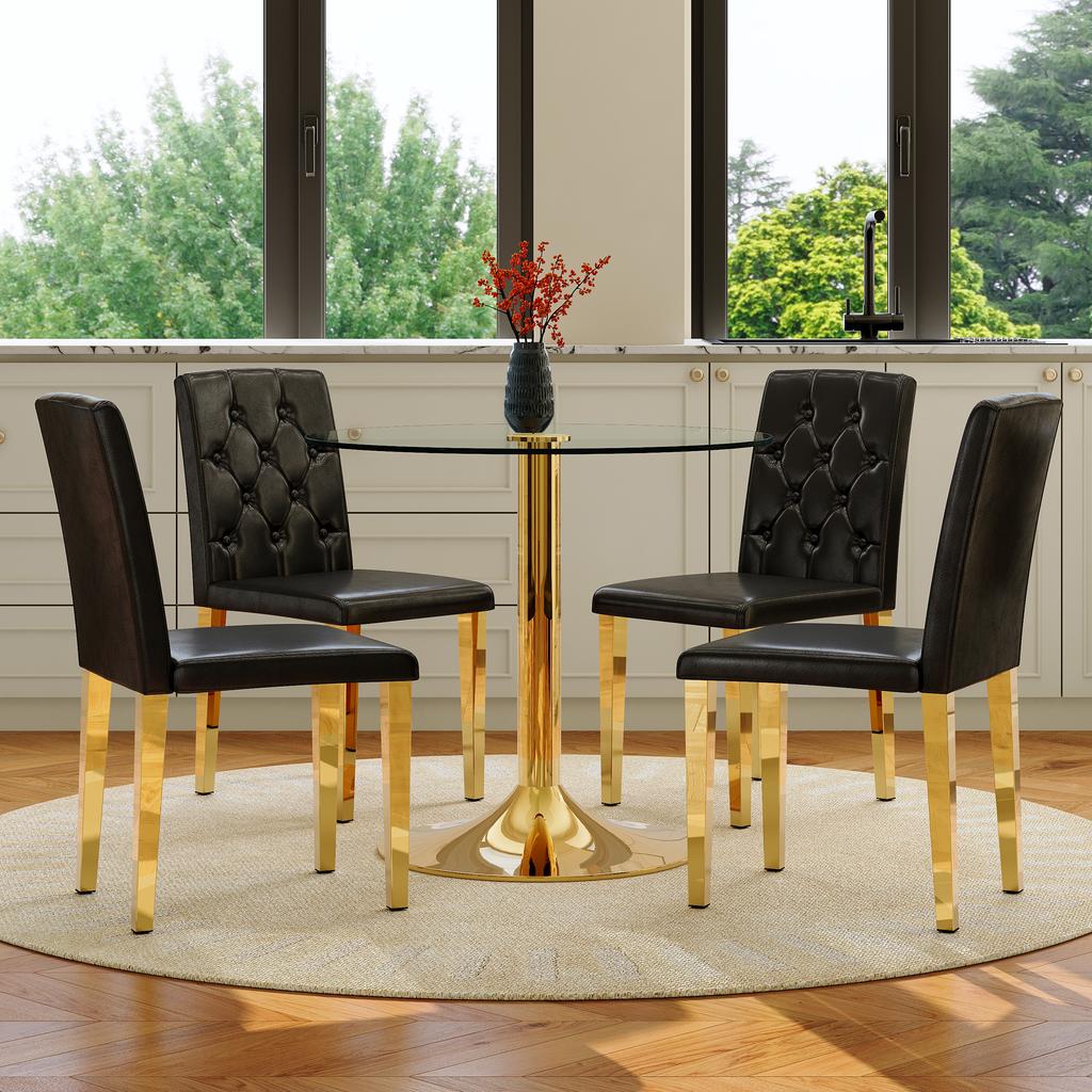 Table and Chair Collection: 85 Cm Diameter, Modern Minimalist Round Glass Table with Golden Metal Support, Matching 4 Black-Gold Modern Dining Chairs.