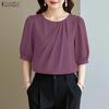 Women Casual Round Neck Solid Color Half Sleeve Blouse