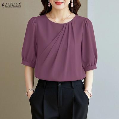 Women Casual Round Neck Solid Color Half Sleeve Blouse