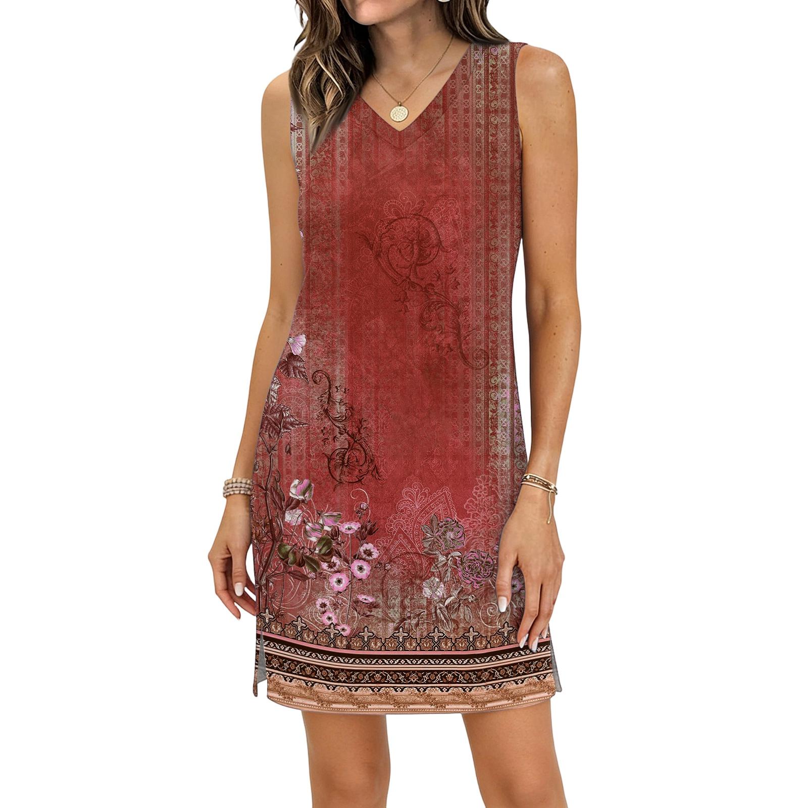 

Women s Casual V-neck Sleeveless Split Hem Vintage Printed Dress L