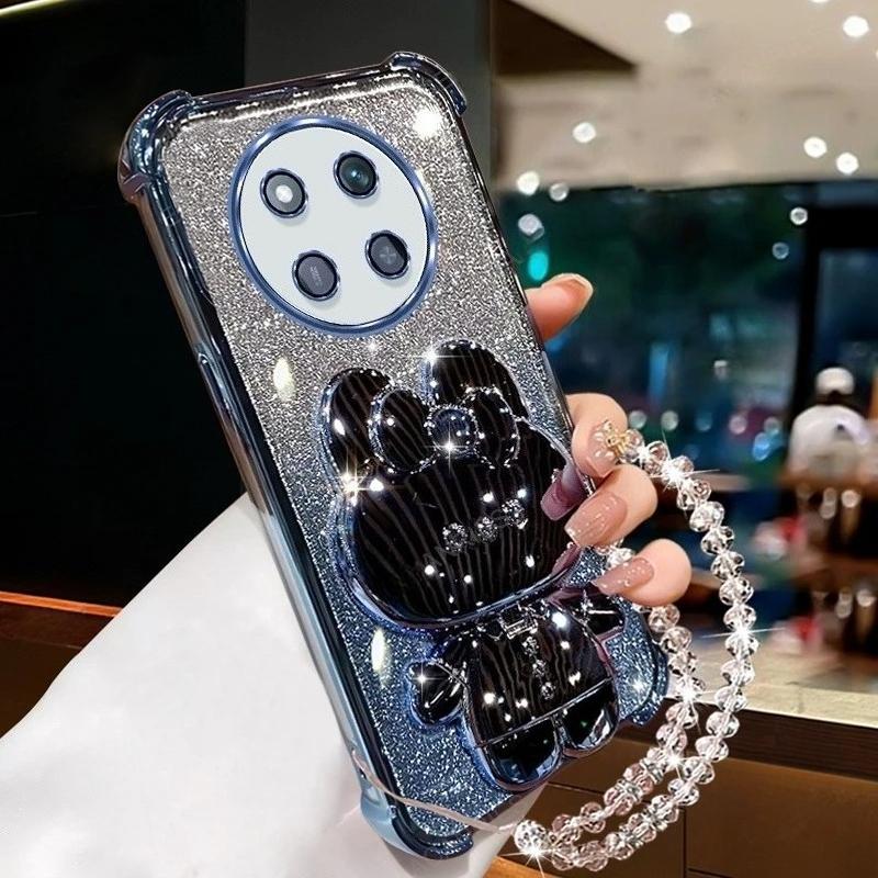 For Honor Magic 7 6 5 4 Lite 3 Pro Plating Four Corners Anti-fall Silicone Soft Case Mirror Rabbit Stand Clear Bead Chain Cover