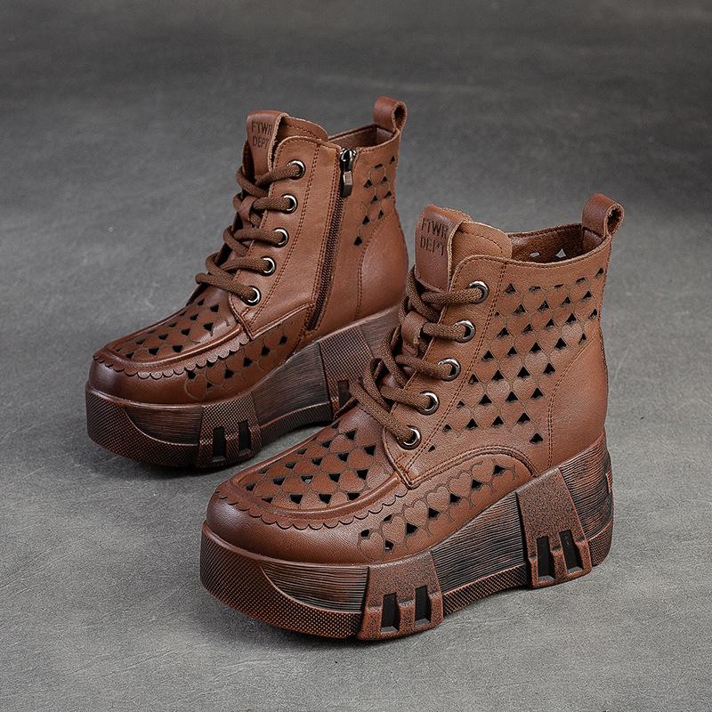 Mode GKTINOO 7cm Atmungsaktiv Sommer Hohl Damen Mokassins Reißverschluss Weich Mode Sandalen Schuhe Damen Echtes Leder Stiefeletten