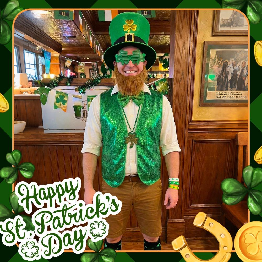 10pcs St. Patrick's Day Green Hat Beard Costume Sock Necklace Glasses Bracelet Vest Tie Festival Birthday Party Decor Supplies