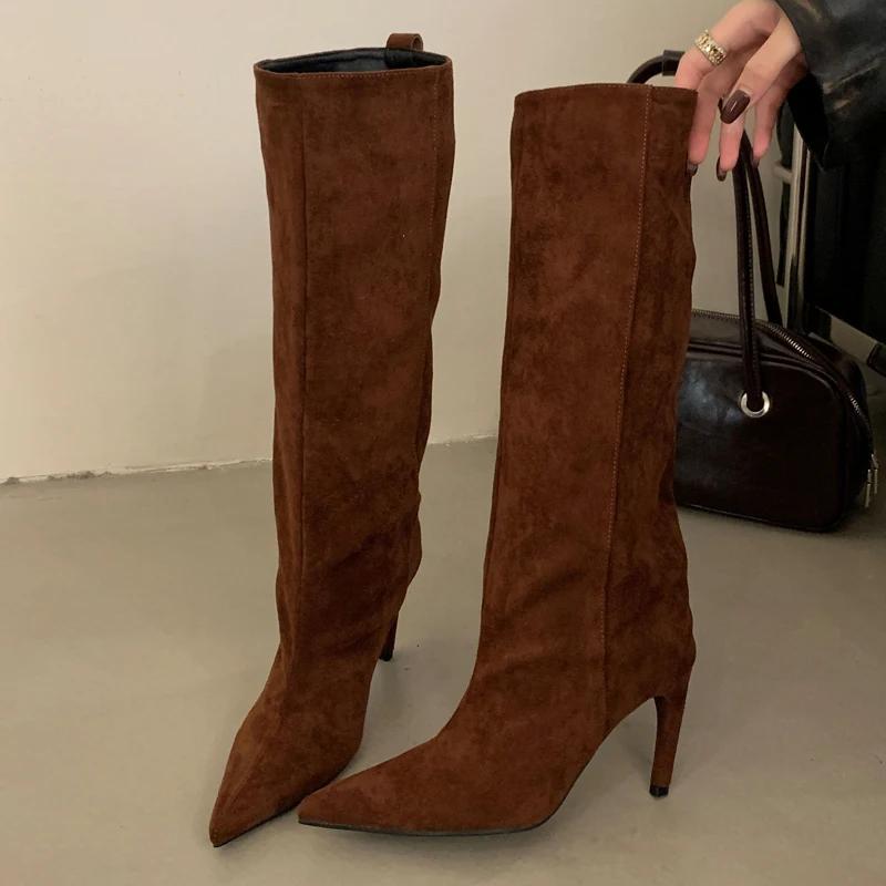 

Fashion 2025 Street Style Pointed Toe Knee-High Women Boots Winter Thin Heels Shoes Female Punk Vintage Long Booties Zapatos De Muje 40