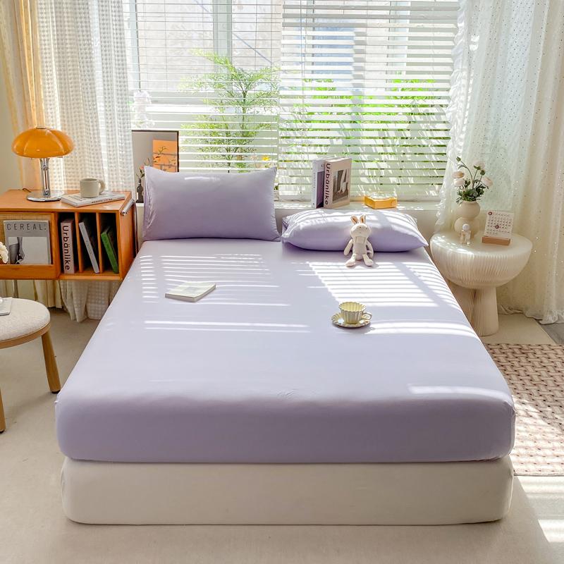 Simple Solid Color Blue Fitted Sheet Set 3Pcs Japanese Style Mattress Cover Skin-friendly Breathable Queen Size Bedding Set