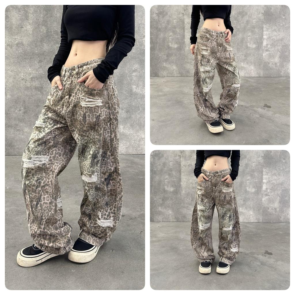 New American High Street Retro Washed Old Leopard Print Jeans Men's and Women's Loose Straight Wide-leg Pants