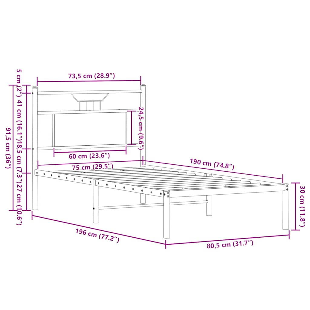 Bed Frame without Mattress Smoked Oak Finish 75 x 190 cm Wood Based Material
