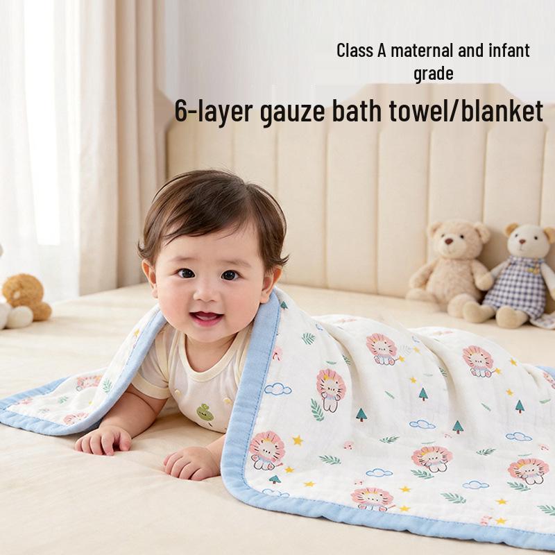 Grade A All-Cotton 6-Layer Baby Bath Towel - Soft, Absorbent, Printed Gauze for Newborns