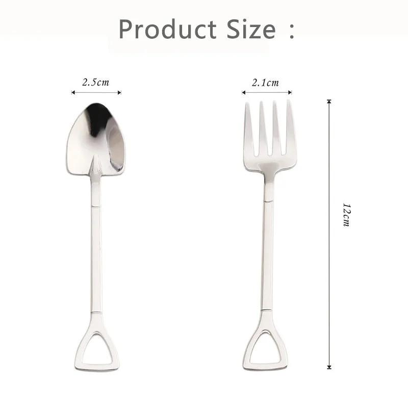 1PCS Creative Shovel Shape Dessert Spoon Stainless Steel Coffee Stirring Spoon Shovel Fork Fruit Fork