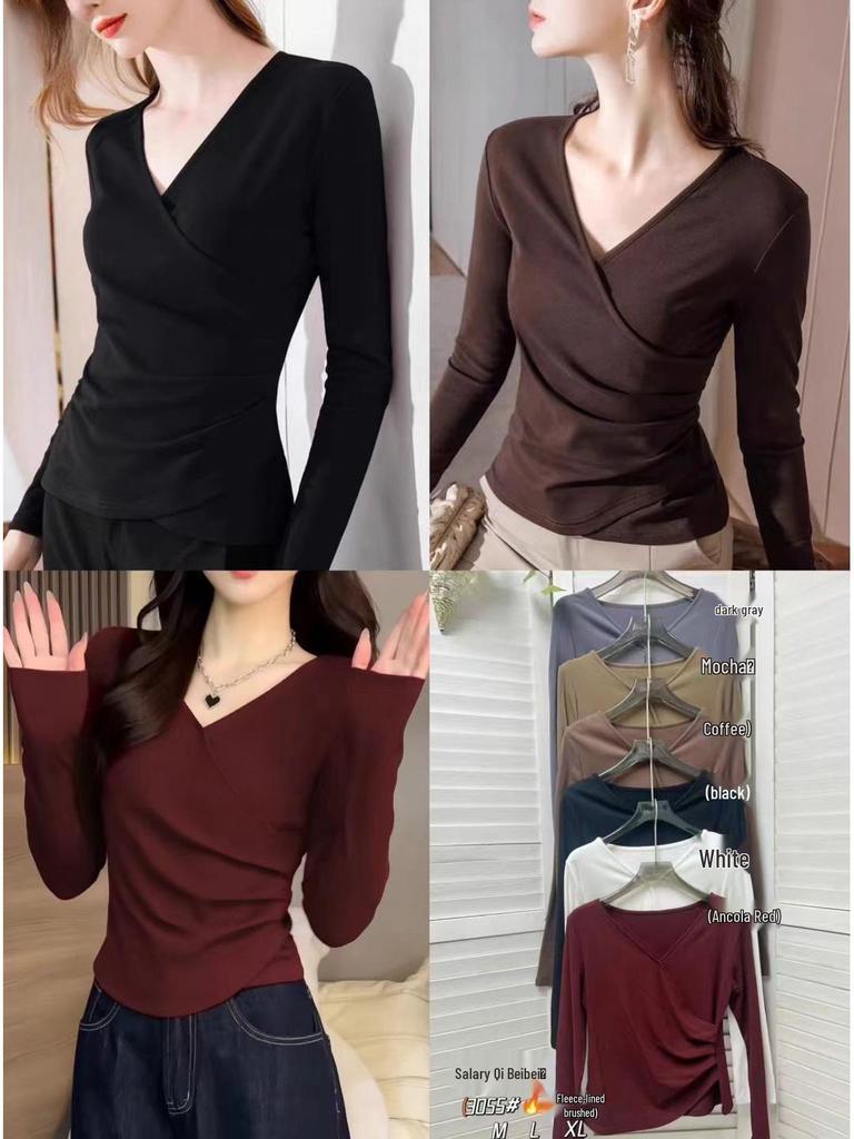 Plus Size Women's Wine Red V-Neck Long Sleeve Base Layer Top - Chic Slimming Autumn Innerwear