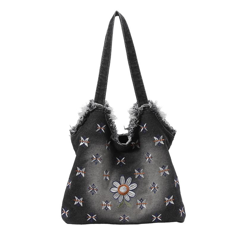 Borsa a Tote in Denim Retrò Estiva con Ricamo di Margherita e Croce Bordo Frangiato Borsa a Spalla in Denim Lavato Borsa a Mano Casual Spaziosa