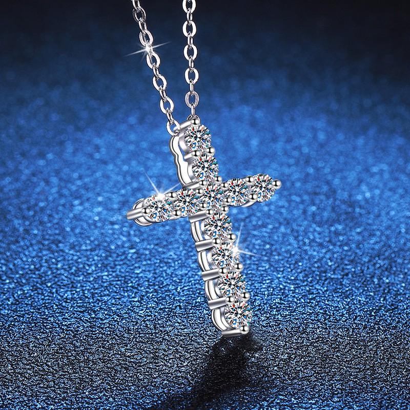 Sterling Cross Pendant Necklace With Lab-Created Moissanite Stones Women Men Minimalist Fashion Jewelry